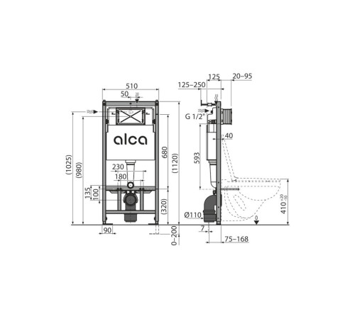 Инсталляция для подвесного унитаза AlcaPlast AM101/1120+M570+M91 с кнопкой