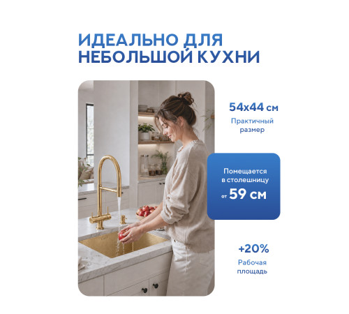 Кухонная мойка Amore di Mare Alveo Gold AL5444G-1 с сифоном и дозатором   540х440х220  золото
