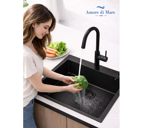 Кухонная мойка Amore di Mare Favo Pelle Black FP5548-B1 с сифоном и дозатором   550х480х220  черный