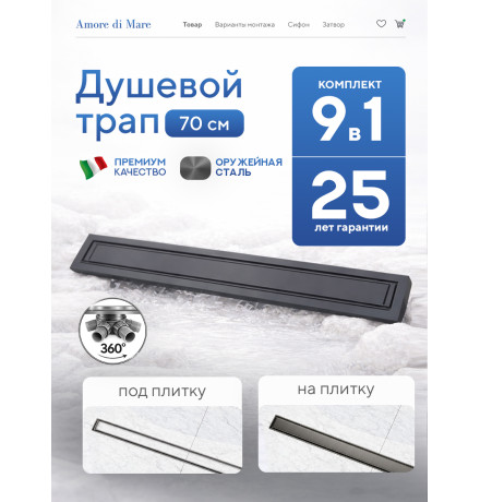  Душевой трап Amore di Mare Verso Gun Metal SD-70GM 	700мм*70мм  оружейная сталь