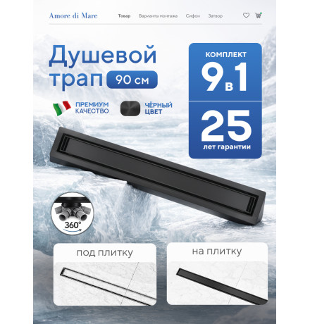  Душевой трап Amore di Mare Verso Black SD-90B 	900мм*70мм  черный