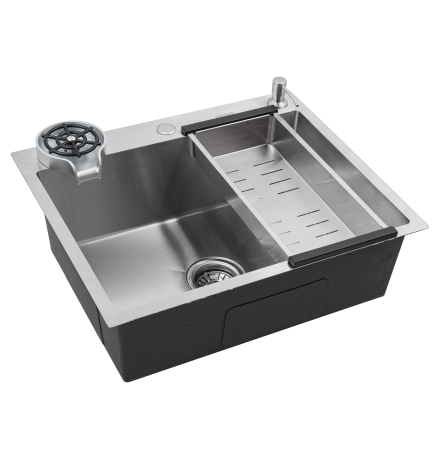 Кухонная мойка FUTUR FK 5050 Eco EMBOSSING POP-UP RINZER PLUS (9554487) с сифоном, коландером, дозатором и ринзером   500х500х200  сатин