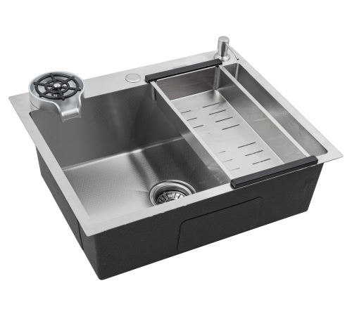 Кухонная мойка FUTUR FK 5050 Eco EMBOSSING POP-UP RINZER PLUS (9554487) с сифоном, коландером, дозатором и ринзером   500х500х200  сатин