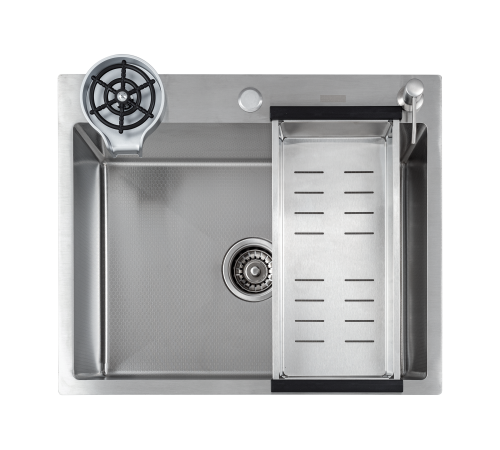 Кухонная мойка FUTUR FK 5050 Eco EMBOSSING POP-UP RINZER PLUS (9554487) с сифоном, коландером, дозатором и ринзером   500х500х200  сатин