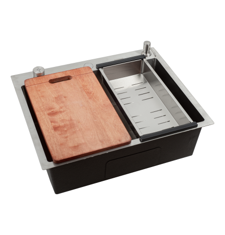 Кухонная мойка Futur FK 5050 Eco Embossing Pop-up Board plus (9554488) с сифоном, коландером, дозатором и разделочной доской   500х500х200  сатин
