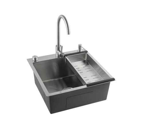Кухонная мойка Futur FK 5050 Eco Embossing Pop-up Mixer plus (9554490) с сифоном, коландером, дозатором и смесителем   500х500х200  сатин