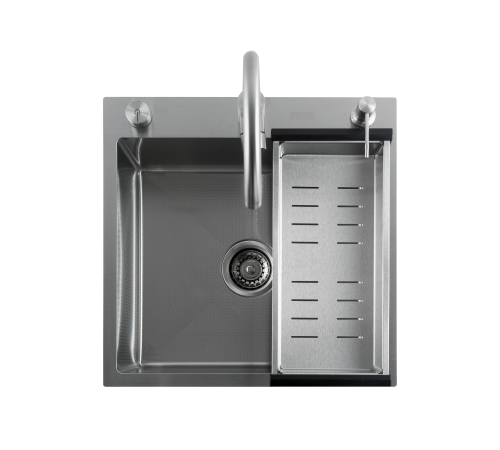 Кухонная мойка Futur FK 5050 Eco Embossing Pop-up Mixer plus (9554490) с сифоном, коландером, дозатором и смесителем   500х500х200  сатин