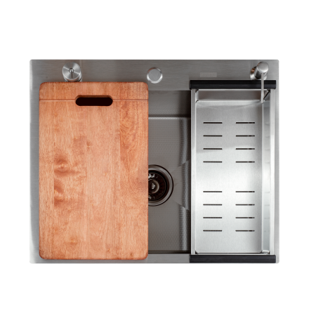 Кухонная мойка Futur FK 6050 Eco Embossing Pop-up Board plus (9554505) с сифоном, коландером, дозатором и разделочной доской   600х500х200  сатин