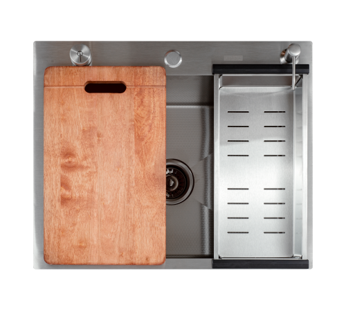 Кухонная мойка Futur FK 6050 Eco Embossing Pop-up Board plus (9554505) с сифоном, коландером, дозатором и разделочной доской   600х500х200  сатин