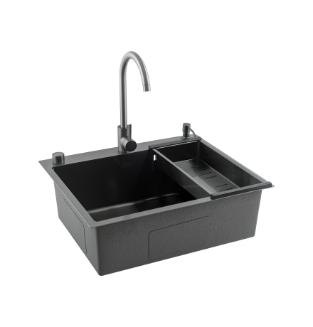 Кухонная мойка Futur FK 5550 Eco Embossing Pop-up Mixer plus (9554500) с сифоном, коландером, дозатором и смесителем   550х500х200  графит