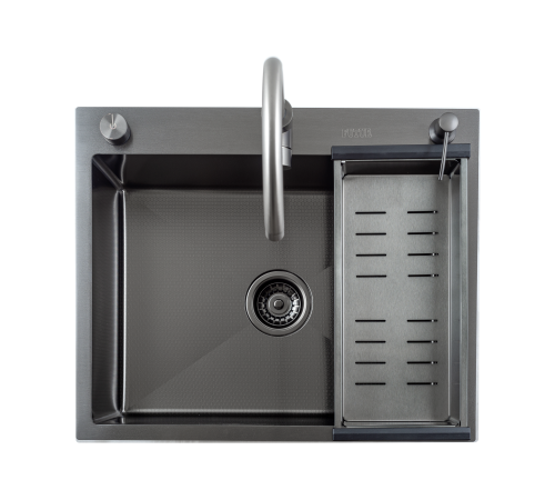 Кухонная мойка Futur FK 5550 Eco Embossing Pop-up Mixer plus (9554500) с сифоном, коландером, дозатором и смесителем   550х500х200  графит