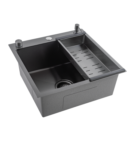 Кухонная мойка Futur FK 5050 Eco Embossing Pop-up Standart (9554519) с сифоном, коландером и дозатором   500х500х200  графит