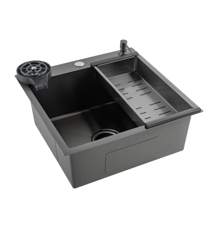 Кухонная мойка FUTUR FK 5050 Eco EMBOSSING POP-UP RINZER PLUS (9554524) с сифоном, коландером, дозатором и ринзером   500х500х200  графит