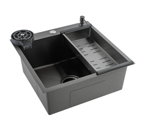 Кухонная мойка FUTUR FK 5050 Eco EMBOSSING POP-UP RINZER PLUS (9554524) с сифоном, коландером, дозатором и ринзером   500х500х200  графит
