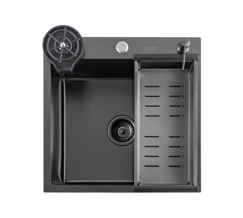 Кухонная мойка FUTUR FK 5050 Eco EMBOSSING POP-UP RINZER PLUS (9554524) с сифоном, коландером, дозатором и ринзером   500х500х200  графит