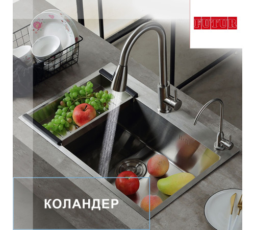 Кухонная мойка Futur FK 5050 Eco Embossing Pop-up Standart (9554484) с сифоном, коландером и дозатором   500х500х200  сатин