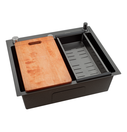 Кухонная мойка Futur FK 5050 Eco Embossing Pop-up Board plus (9554527) с сифоном, коландером, дозатором и разделочной доской   500х500х200  графит