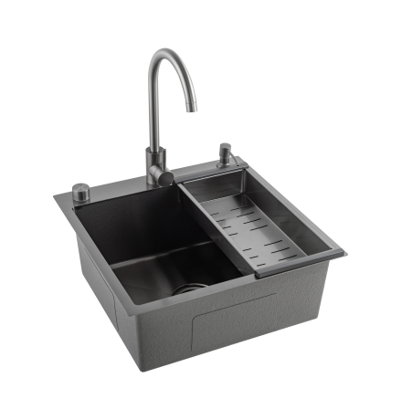 Кухонная мойка Futur FK 5050 Eco Embossing Pop-up Mixer plus (9554529) с сифоном, коландером, дозатором и смесителем   500х500х200  графит