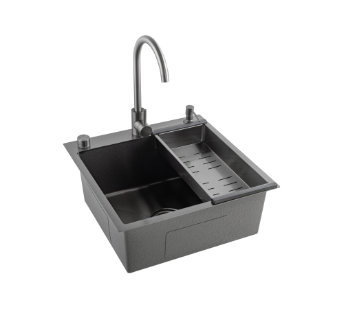 Кухонная мойка Futur FK 5050 Eco Embossing Pop-up Mixer plus (9554529) с сифоном, коландером, дозатором и смесителем   500х500х200  графит