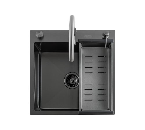 Кухонная мойка Futur FK 5050 Eco Embossing Pop-up Mixer plus (9554529) с сифоном, коландером, дозатором и смесителем   500х500х200  графит