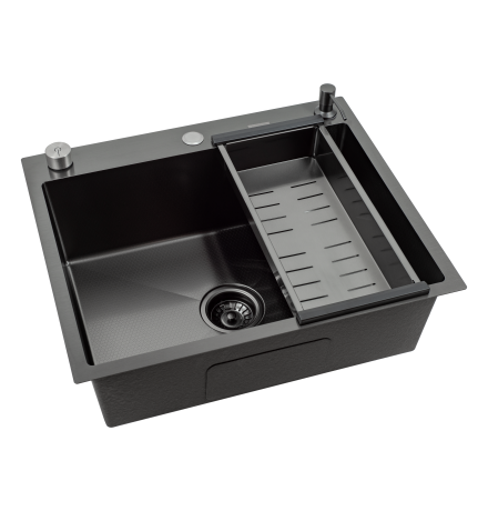 Кухонная мойка Futur FK 6050 Eco Embossing Pop-up Standart (9554543) с сифоном, коландером и дозатором    600х500х200  графит