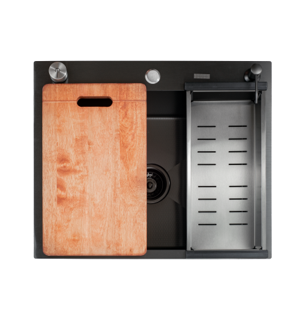 Кухонная мойка Futur FK 5550 Eco Embossing Pop-up Board plus (9554539) с сифоном, коландером, дозатором и разделочной доской   550х500х200  графит
