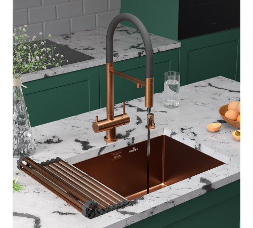Кухонная мойка Roxen Uno 560210-54BR-GR с ролл-матом и дозатором  540х440х220  бронза зернистая