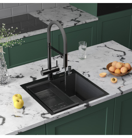 Кухонная мойка Roxen Snake 560220-50-BS с коландером и дозатором  500х480х220  графит