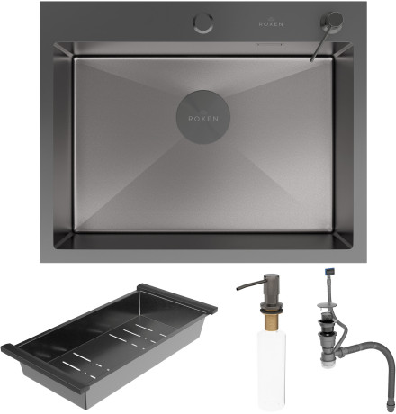Кухонная мойка Roxen Simple 560220-50B-V с коландером и дозатором  500х480х220  графит Volcanic