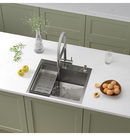 Кухонная мойка Roxen Simple 560220-55 с коландером и дозатором  550х480х220  сатин