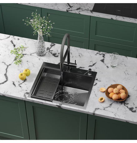 Кухонная мойка Roxen Simple 560220-55B с коландером и дозатором  550х480х220  графит