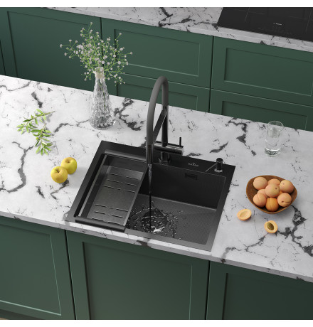 Кухонная мойка Roxen Snake 560220-60-BS с коландером и дозатором  600х480х220  графит