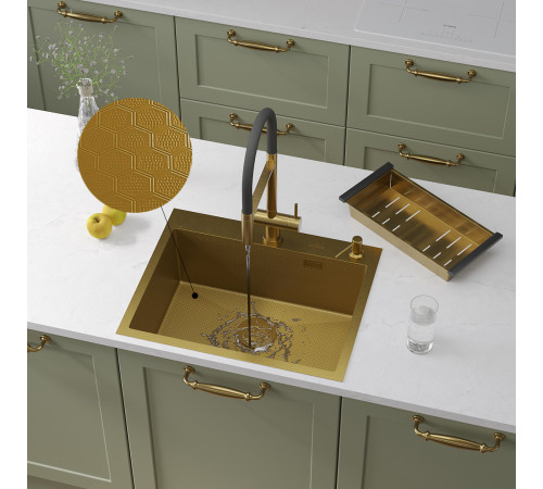 Кухонная мойка Roxen Simple 560220-60-GS с коландером и дозатором  золото Кухонная мойка Roxen Simple 560220-60-GS с коландером и дозатором  золото