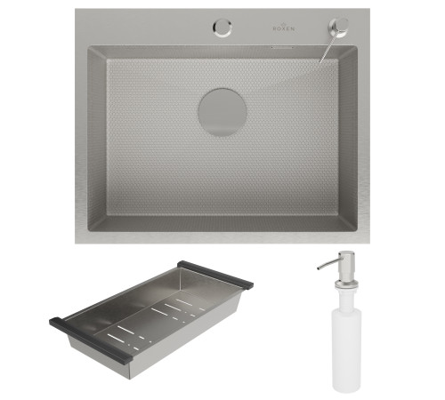 Кухонная мойка Roxen Simple 560220-60-S с коландером и дозатором  сатин Кухонная мойка Roxen Simple 560220-60-S с коландером и дозатором  сатин