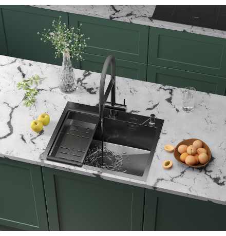 Кухонная мойка Roxen Simple 560220-60B с коландером и дозатором  600х480х220  графит