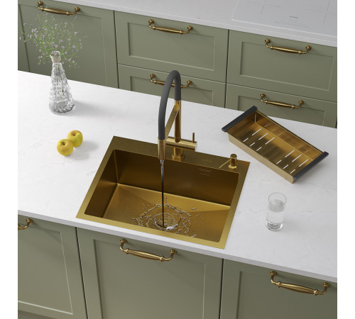 Кухонная мойка Roxen Simple 560220-60G с коландером и дозатором золото Кухонная мойка Roxen Simple 560220-60G с коландером и дозатором золото