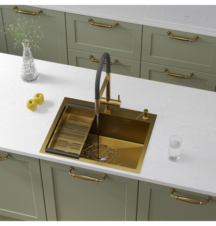 Кухонная мойка Roxen Simple 560220-60G с коландером и дозатором  600х480х220  золото