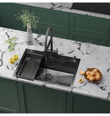 Кухонная мойка Roxen Simple 560220-70B с коландером и дозатором  700х480х220  графит