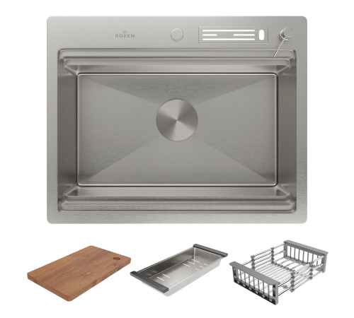 Кухонная мойка Roxen Stage 560250-60 в комплекте с держателем для ножей, двумя коландерами, разделочной доской и дозатором сатин Кухонная мойка Roxen Stage 560250-60 в комплекте с держателем для ножей, двумя коландерами, разделочной доской и дозатором сатин