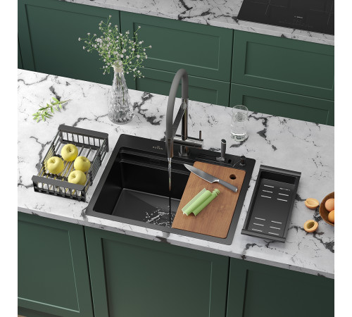 Кухонная мойка Roxen Stage 560250-60B в комплекте с держателем для ножей, двумя коландерами, разделочной доской и дозатором графит