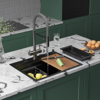 Кухонная мойка Roxen Stage 560250-60B в комплекте с держателем для ножей, двумя коландерами, разделочной доской и дозатором  600х480х220  графит