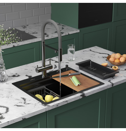 Кухонная мойка Roxen Stage 560250-60B в комплекте с держателем для ножей, двумя коландерами, разделочной доской и дозатором  600х480х220  графит