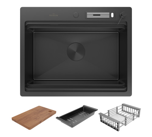 Кухонная мойка Roxen Stage 560250-60B в комплекте с держателем для ножей, двумя коландерами, разделочной доской и дозатором графит Кухонная мойка Roxen Stage 560250-60B в комплекте с держателем для ножей, двумя коландерами, разделочной доской и дозатором графит