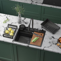 Кухонная мойка Roxen Stage Plus 560250-60BS многофункциональная в комплекте со смесителем, двумя коландерами, ринзером и дозатором  600х480х220  графит Кухонная мойка Roxen Stage Plus 560250-60BS многофункциональная в комплекте со смесителем, двумя коландерами, ринзером и дозатором  600х480х220  графит