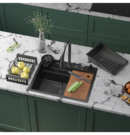 Кухонная мойка Roxen Stage Plus 560250-60BS многофункциональная в комплекте со смесителем, двумя коландерами, ринзером и дозатором  600х480х220  графит