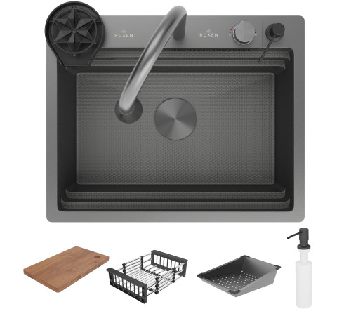 Кухонная мойка Roxen Stage Plus 560250-60BS многофункциональная в комплекте со смесителем, двумя коландерами, ринзером и дозатором графит Кухонная мойка Roxen Stage Plus 560250-60BS многофункциональная в комплекте со смесителем, двумя коландерами, ринзером и дозатором графит
