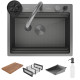 Кухонная мойка Roxen Stage Plus 560250-60BS многофункциональная в комплекте со смесителем, двумя коландерами, ринзером и дозатором графит