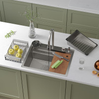 Кухонная мойка Roxen Stage Plus 560250-60-S многофункциональная в комплекте со смесителем, двумя коландерами, ринзером и дозатором  600х480х220  сатин Кухонная мойка Roxen Stage Plus 560250-60-S многофункциональная в комплекте со смесителем, двумя коландерами, ринзером и дозатором  600х480х220  сатин