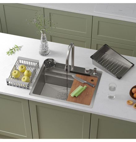 Кухонная мойка Roxen Stage Plus 560250-60-S многофункциональная в комплекте со смесителем, двумя коландерами, ринзером и дозатором  600х480х220  сатин