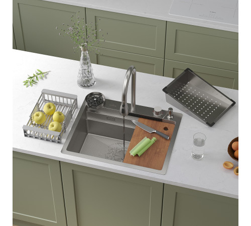 Кухонная мойка Roxen Stage Plus 560250-60-S многофункциональная в комплекте со смесителем, двумя коландерами, ринзером и дозатором сатин Кухонная мойка Roxen Stage Plus 560250-60-S многофункциональная в комплекте со смесителем, двумя коландерами, ринзером и дозатором сатин